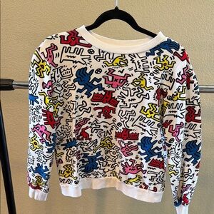 Graphic Pop Art Sweatshirt - White with Multicolor Keith Haring Style Print